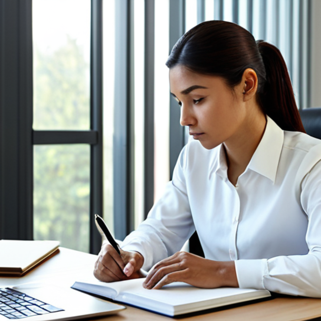 A professional person, looking focused and contemplative, is seated at a clean, modern desk. They are dressed in modest, elegant business attire. An open business book is in front of them, with one hand holding a pen, poised to write notes in the margin or in a notebook. A tablet or laptop nearby shows related research. The setting is a quiet, minimalist office space with natural light streaming through a large window, creating a serene and conducive learning atmosphere. Subtle bookshelves are in the background. safe for work, appropriate content, fully clothed, professional, perfect anatomy, correct proportions, natural pose, well-formed hands, proper finger count, natural body proportions, high-resolution photography, sharp focus, professional lighting.
