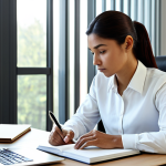 A professional person, looking focused and contemplative, is seated at a clean, modern desk. They are dressed in modest, elegant business attire. An open business book is in front of them, with one hand holding a pen, poised to write notes in the margin or in a notebook. A tablet or laptop nearby shows related research. The setting is a quiet, minimalist office space with natural light streaming through a large window, creating a serene and conducive learning atmosphere. Subtle bookshelves are in the background. safe for work, appropriate content, fully clothed, professional, perfect anatomy, correct proportions, natural pose, well-formed hands, proper finger count, natural body proportions, high-resolution photography, sharp focus, professional lighting.