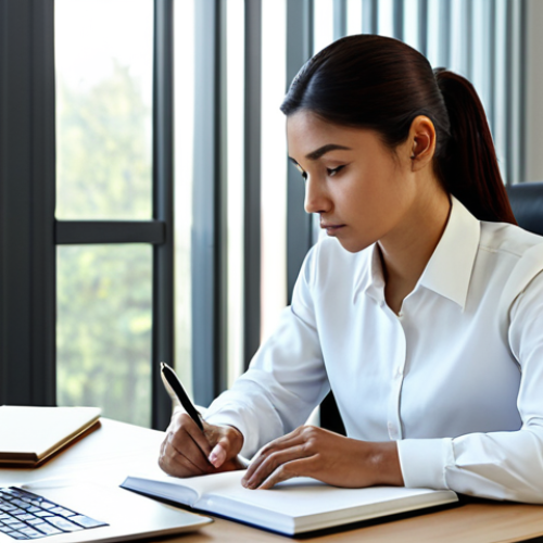 A professional person, looking focused and contemplative, is seated at a clean, modern desk. They are dressed in modest, elegant business attire. An open business book is in front of them, with one hand holding a pen, poised to write notes in the margin or in a notebook. A tablet or laptop nearby shows related research. The setting is a quiet, minimalist office space with natural light streaming through a large window, creating a serene and conducive learning atmosphere. Subtle bookshelves are in the background. safe for work, appropriate content, fully clothed, professional, perfect anatomy, correct proportions, natural pose, well-formed hands, proper finger count, natural body proportions, high-resolution photography, sharp focus, professional lighting.