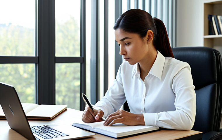A professional person, looking focused and contemplative, is seated at a clean, modern desk. They are dressed in modest, elegant business attire. An open business book is in front of them, with one hand holding a pen, poised to write notes in the margin or in a notebook. A tablet or laptop nearby shows related research. The setting is a quiet, minimalist office space with natural light streaming through a large window, creating a serene and conducive learning atmosphere. Subtle bookshelves are in the background. safe for work, appropriate content, fully clothed, professional, perfect anatomy, correct proportions, natural pose, well-formed hands, proper finger count, natural body proportions, high-resolution photography, sharp focus, professional lighting.